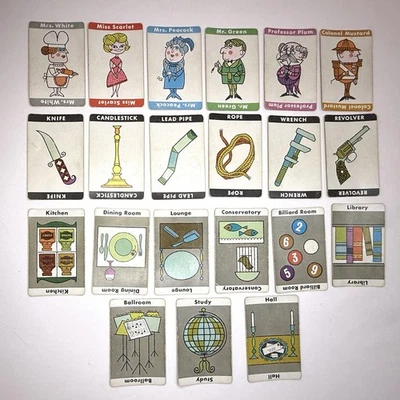 1963 Clue Board Game ALL Suspect, Weapon, and Room Cards ONLY REPLACEMENT PARTS - Image 1 of 4