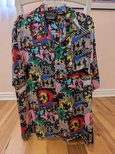 Vintage 90s Nicole Miller Men's Silk Button Up Shirt vinyl record dancing Sz M - Picture 1 of 5
