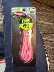 NIP USB C Cable 9 feet long Glow in the pink Tangle Free Flat Cord - Zdjęcie 1 z 2