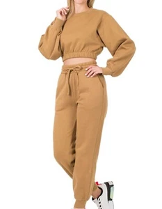 Damen Zenana 3 Teiler Cropped Sweatsuit Pullover Jogger & Body Set Braun S - Bild 1 von 9