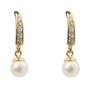 1x Pair 9ct Yellow Gold CZ + Pearl Gem Stone Set Ear Studs Earrings + gift bag - Picture 1 of 2