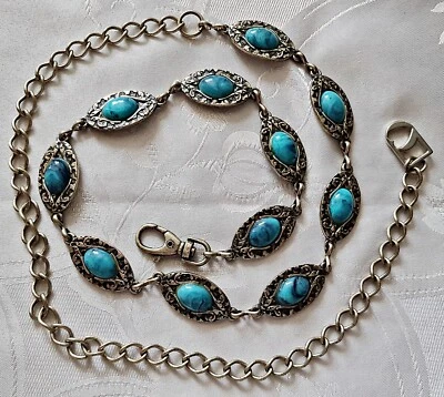 VINTAGE AUTHENTIC SILVER TONE METAL IMITATION TURQUOISE CHAIN WOMEN'S BELT - Image 1 of 4