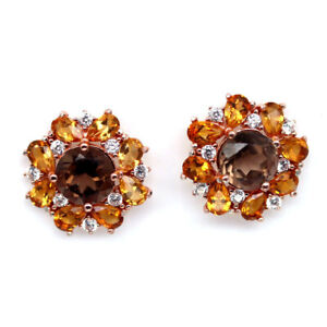 NATURAL SMOKY QUARTZ, CITRINE & CZ EARRINGS STERLING 925 SILVER ROSE GOLD PLATED