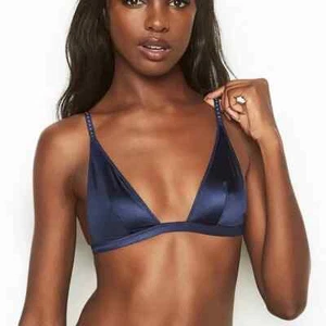 Victoria Secret Navy Blue Satin Unlined Wireless Solid embellished triangle Bra - Picture 1 of 13