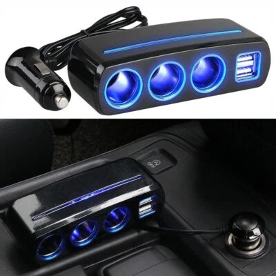 3 Way 12V Car Cigarette Lighter Socket Dual USB Charger Splitter Power Adapter - Image 1 of 4