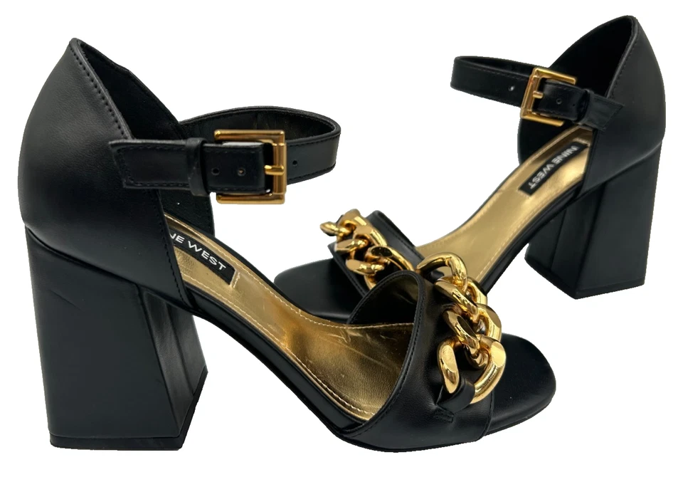 Sandalias de tacón de vestir Jerri con eslabones de cadena para mujer Nine West negras/doradas talla: 6,5 152O Foto 1 de 4