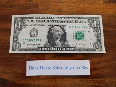 Lucky US $1 Dollar bill in circulated currency 4-7's in serial number D77Fz. - Image 1 of 2