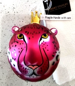 Robert Stanley Pink Leopard with Crown Glass Christmas Ornament - Picture 1 of 5