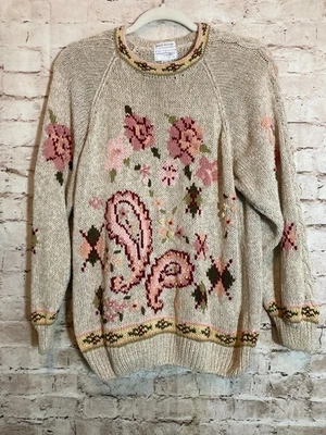 Suéter Bobble Vintage Mujer Pequeño Tejido a Mano Crema y Rosa Paisley Cottage Foto 1 de 4