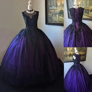 Gothic lila schwarz Brautkleider O-Ausschnitt ärmellos Spitze Applikation Brautkleider - Bild 1 von 9