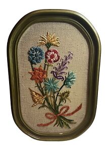 Vintage 70s Crewel Embroidery Floral Flowers Wood Framed Wall Art MCM Green