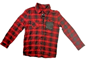 Volcom Shirt Womens 10 Red Button Down Flannel Long Sleeve Pleather Pocket - Picture 1 of 9