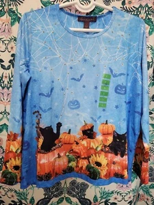 Gloria Vanderbilt Damen Herbst gruselige Kürbis Katzen Bluse/T-Shirt Gr. Large - Bild 1 von 5