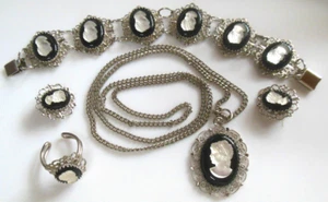 Silver-Tone Black Cameo Necklace, Bracelet, Earrings & Ring - Picture 1 of 2