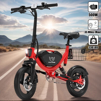 14" Folding Electric Bike 22Mph 35 Miles Commuter Electric Bicycle for Adult Red Foto 1 de 4