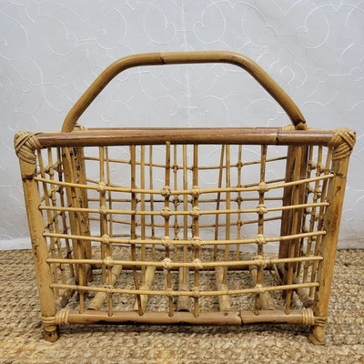 Vintage Bamboo Wicker Tiki Paper Book Magazine Rack Holder Basket - Image 1 of 4