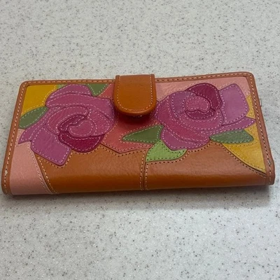 Cartera sin asas de cuero liso bordada multicolor diseño floral NUEVA Foto 1 de 4