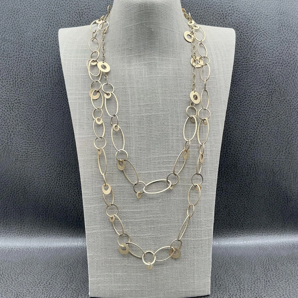 Premier Designs Long Layering Necklace Gold Tone Oval Circle Links Lobster Clasp - Image 1 of 4