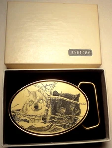 NEU VINTAGE BARLOW Faux SCRIMSHAW WOLVES massiv Messing GÜRTELSCHNALLE in OVP - Bild 1 von 7