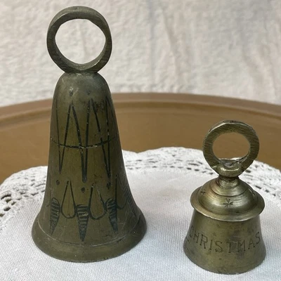 Set of 2 VTG Brass Bells Made in India ~ “White Christmas” & Hand-Etched Design - Image 1 of 4