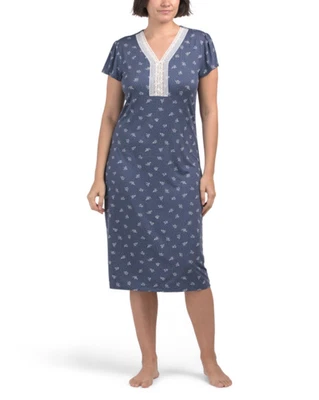 Nuevo $72 Miss Elaine Azul Marino/Blanco Suave Mangas Cortas ELASTIZADO 44" Largo Camisón M Foto 1 de 4