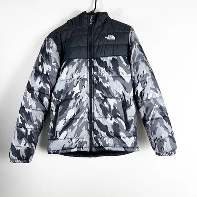 Chaqueta acolchada reversible con capucha cremallera completa The North Face Big Boys talla XL gris camuflaje Foto 1 de 4