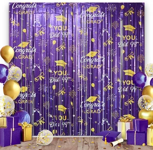 2 Pack Graduation Foil Fringe Curtain 3.3Ft X 6.6Ft Purple Gold 2025 Graduation - Picture 1 of 6