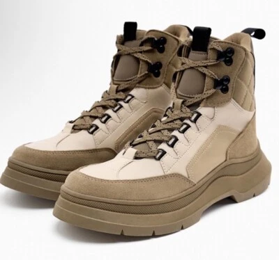 Nuevas botas de montaña Zara talla 40 = 9 en contraste para mujer con cordones al tobillo verde caqui Foto 1 de 4