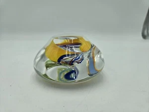 Rick Beck Signed Art Glass Studio Hand Blown Paperweight Abstract Yellow Blue - Picture 1 of 12