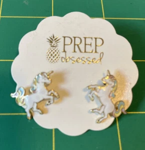 NEW Prep Obsessed Unicorn Stud Earrings. White Enamel - Picture 1 of 2