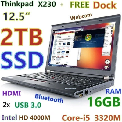 Lenovo Thinkpad X230 i5 12.5" FAST 2TB SSD 16GB USB-3.0 Bluetooth + Docking - Image 1 of 4