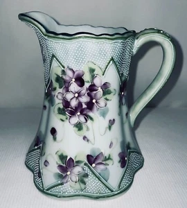 Porcelain Hand Painted Beaded Creamer 1800's. 5 1/2 Inches High - Picture 1 of 10