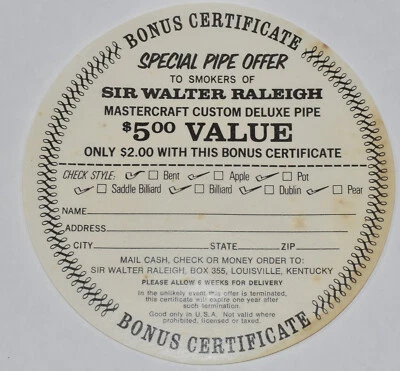 Publicidad de pipa Mastercraft certificado tabaco Sir Walter Raleigh vintage Foto 1 de 2
