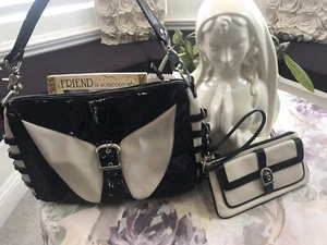 isabella fiore Black Patent And Ivory Leather Handbag And Matching Wallet - Picture 1 of 5