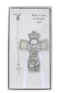 Guardian Angel Crib Cross Rosary Set With White Ribbon First Communion Baby Gift - Picture 1 of 1