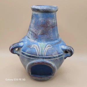 BLUE CHIMINEA SHAPED POTTERY VOTIVE OR TEA LIGHT CANDLE HOLDER - Picture 1 of 18