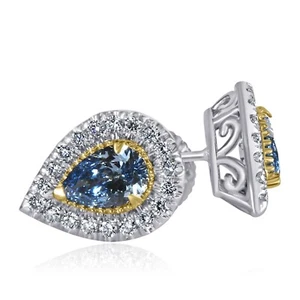 1.32 Ct Pear Lab Grown Blue Diamond Halo Stud Earrings 14k White Gold - Picture 1 of 12