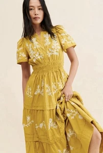Anthropologie Somerset Maxi Dress Sz S Mustard Yellow Embroidered Cottage - Picture 1 of 11