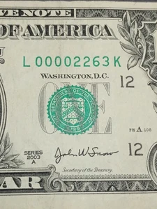 2003A $1 L SAN FRANCISCO BEP L-K BLOCK LOW SERIAL NUMBER 4 ZEROS (L00002263K) - Picture 1 of 8
