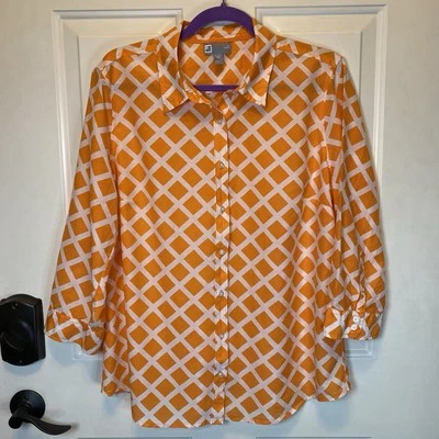 Blusa Top JC Penney Mezcla Seda Talla XL Diseño Enrejado Manga 3/4 Naranja y Blanco Foto 1 de 4