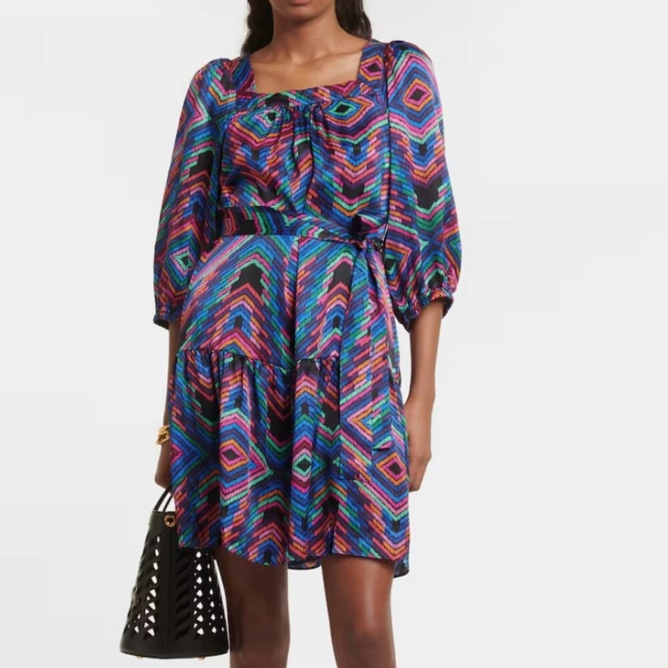 Eres Nightclub Arc-en-Ciel 真丝缎迷你裙彩虹印花全新带标签 S 码 — 第 1/4 张图片