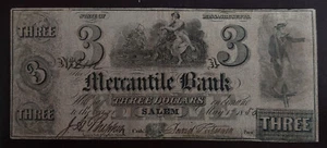 ✰ 1856 SALEM MA $3 Bill ✰ SCARCE ✰ Massachusetts US Obsolete Pre-CIVIL WAR Note✰ - Picture 1 of 2