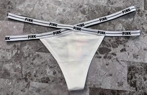NEU MIT ETIKETT VICTORIA'S SECRET PINK MEDIUM WEISS SCHWARZ LOGO TRÄGER SELTEN TANGA HÖSCHEN - Bild 1 von 4