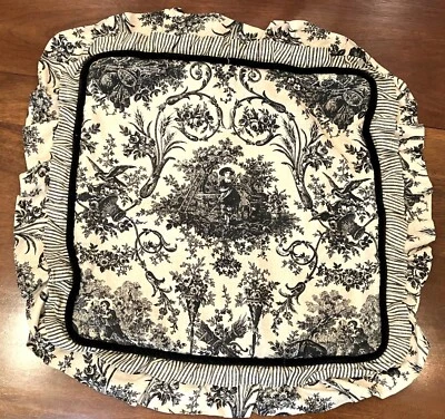 Large Black Cream Toile Throw Pillow Cover Ruffles Ticking Stripe Velvet Trim - Image 1 of 4