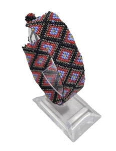 Hand Crafted Woven Bracelet Glass Seed Beads Black Gray Red Purple Diamond - Picture 1 of 1