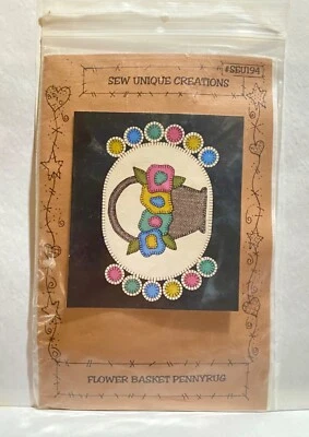 Flower Basket Penny Rug Sew Unique Creations #SEU194 NEW Printed Pattern w/inst. - Image 1 of 2