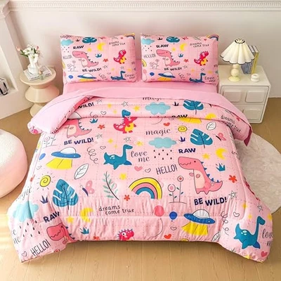  Pink Girls Queen Comforter Set, 5 Pcs Girls Queen Bed in a Queen-5pcs Dino 01 - Image 1 of 4