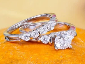 Bridal Set Trilogy Ring 2ct Round Cut Simulated Diamond 14k White Gold Plated - Picture 1 of 5