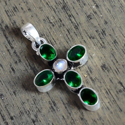 Pingente de Natal cruzado prata esterlina 925 pedra preciosa diópsido cromado e pedra da lua - Imagem 1 de 4