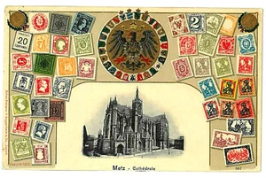 3.-POSTAL ALEMANIA SELLOS MONTAJE ESCUDO DE ARMAS EN RELIEVE METZ-CATHÉDRA - Imagen 1 de 2